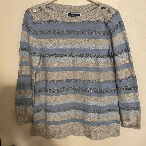 Woman’s Karen Scott size small 100% cotton sweater blue grey button on shoulders - Picture 1 of 3